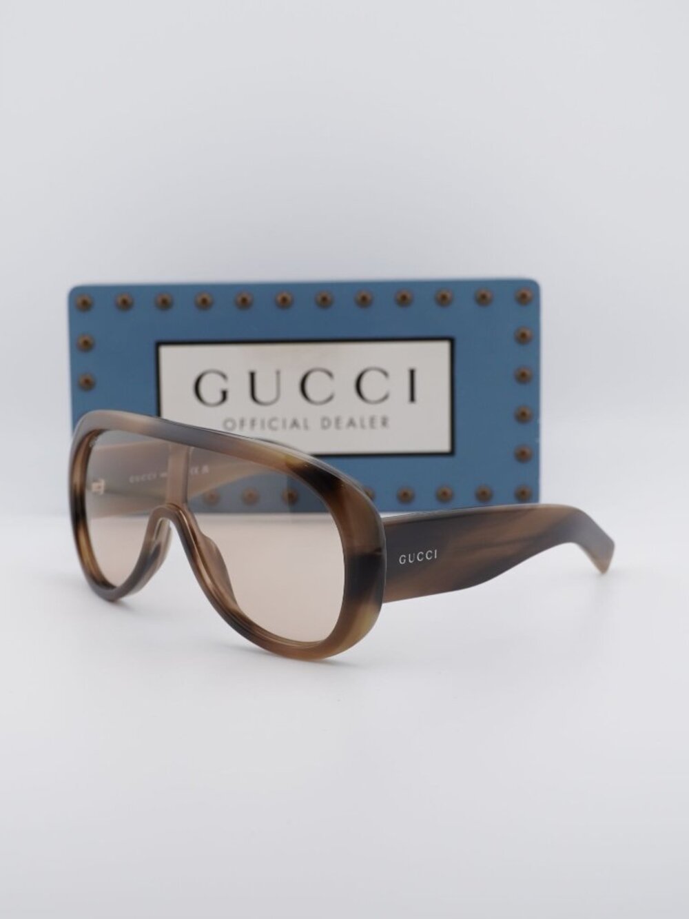 Gucci GG2164S 004 Shield Sunglasses – Shiny Flamed Brown Havana / Beige